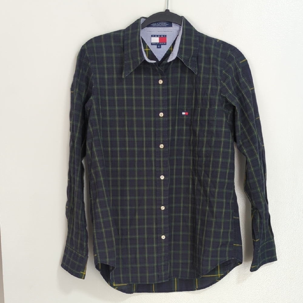 Vintage Tommy Hilfiger Cotton Green Yellow Plaid Button Down Long Sleeve Shirt